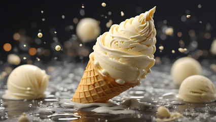 Close up, a crispy cone filled with creamy vanilla ice cream against a dark backdrop with spread ice cream. Ideal for dessert or food-related content.