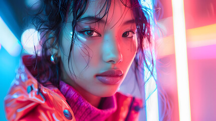 Fototapeta premium A fashion model, with futuristic neon lights as the background, during a high-tech runway show
