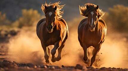 Wild horses galloping across sandy plain kicking up dust into the air