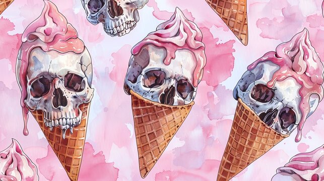 Pastel goth ice cream pattern with skulls and cones, suitable for unique wrapping paper or alternative textiles