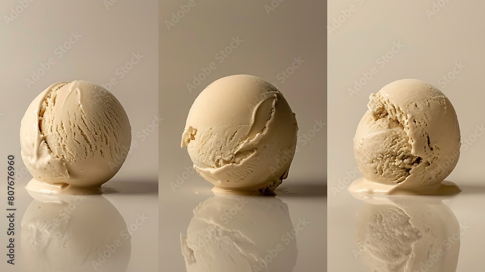 Poster lotus biscuit vanilla three scoops gelato ice cream in different angles and textures : generative ai