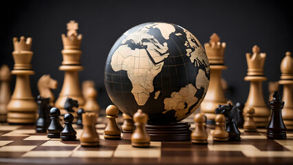Close up, a chessboard with traditional chess pieces, uniquely featuring a globe among them. Ideal for World Chess Day or chess-related contents.