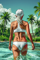 A woman in a bikini is standing in a pool - obrazy, fototapety, plakaty