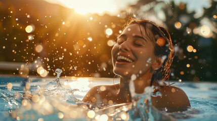 Obraz premium Woman joyfully splashing in a pool, bathed in warm golden sunlight.