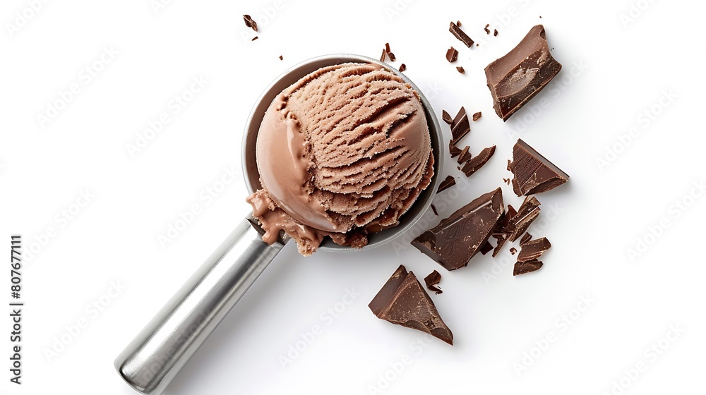 Poster coffee liqueur ice cream scoop with chocolate pieces isolated on white background top view : generat