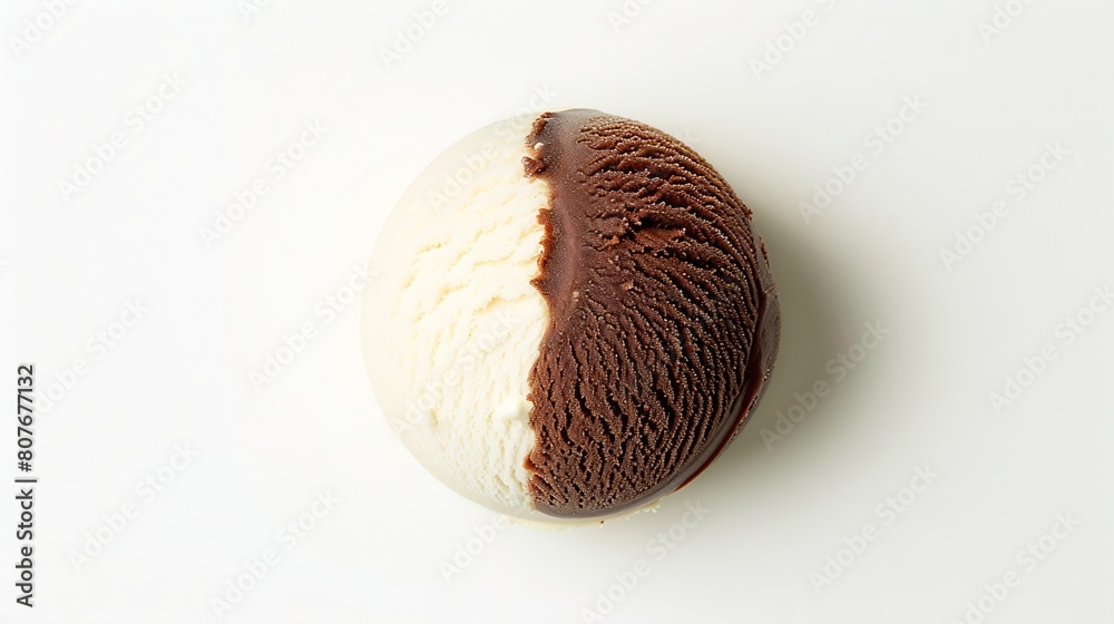 Poster vanilla and chocolate ice cream ball isolated on white background top view : generative ai