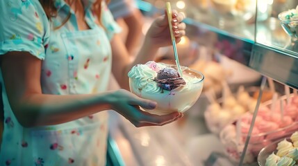 Woman serving ice cream in Confectionery shop : Generative AI