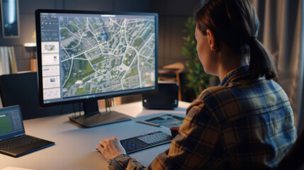 Woman analyzing geographic data on large desktop monitor.
