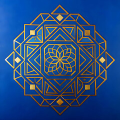 a blue and gold geometric design with a blue background