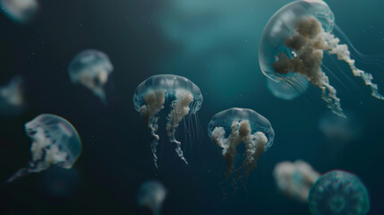 Naklejka premium Serene underwater scene with group of jellyfish drifting.