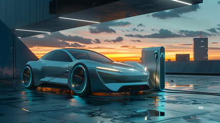 high-tech electric car parked in a futuristic charging station