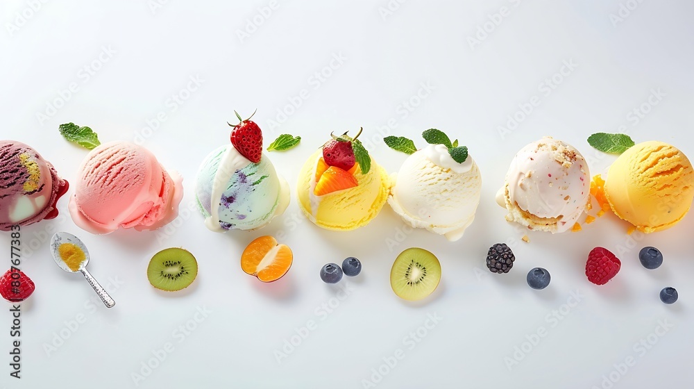 Poster Ice cream scoop ball with fruits toppings on white background cutout Many assorted different flavour Mockup template for artwork design : Generative AI