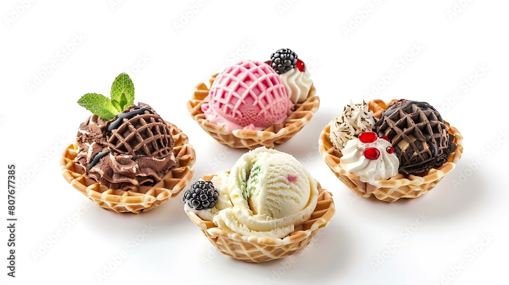 Poster Different sorts of Ice Cream in a waffles isolated on white background : Generative AI