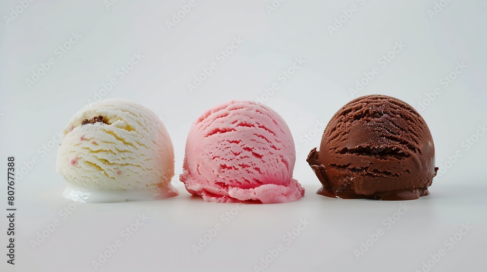 Aufkleber strawberry vanilla chocolate different flavor ice cream scoops side view on white background : gener
