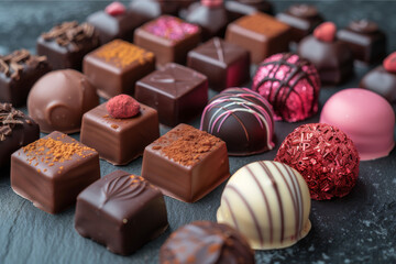 Close-up of artisanal handmade chocolates in a minimalist modern setting, focus on texture.. AI generated.