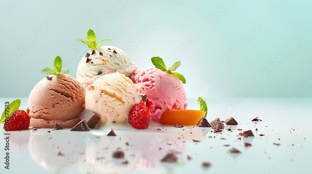 Poster scoops of ice cream with pieces of hazelnut mint and chocolate orange and strawberry : generative ai
