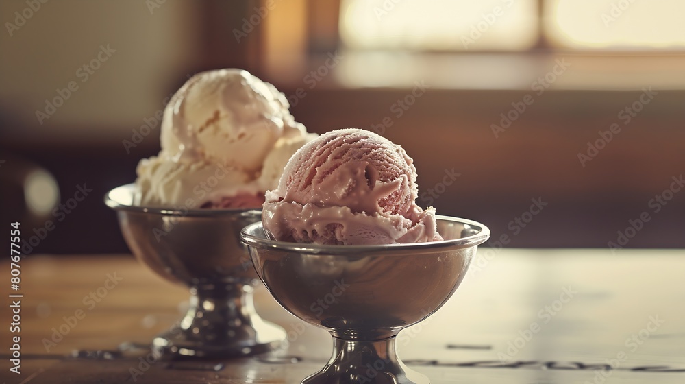 Poster ice cream in two retro metal bowls on a wooden table : generative ai