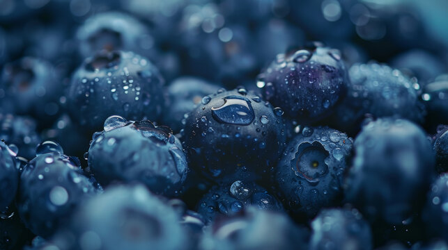 Dew-kissed blueberries glisten, showcasing nature's simplistic elegance in macro photography.