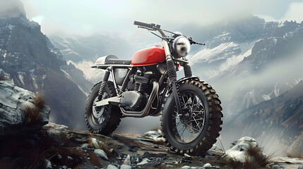 minimalist scrambler motorcycle blending into a mountain landscape