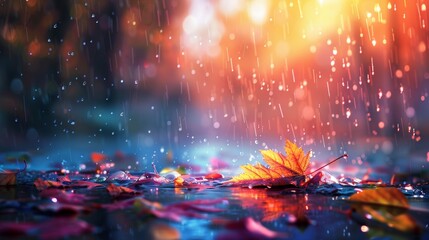 Autumn rain transforms a serene landscape, with colorful leaves and droplets creating a magical scene