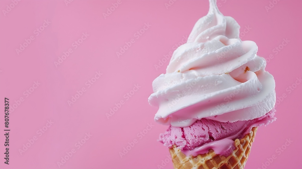 Poster ice cream cone vanilla and strawberry flavors on a pink background copy space : generative ai