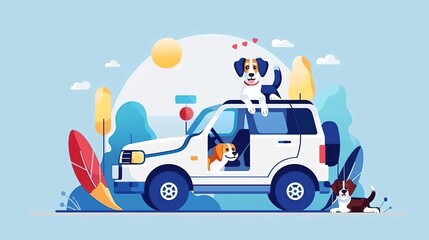 Fototapeta premium Two dogs ride in a white car, one on the roof and one hanging out the window, with a third dog sitting outside the car. The car is surrounded by trees and the sun is shining.