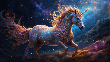 Obraz na płótnie Canvas A unicorn floats in a sea of sparkles