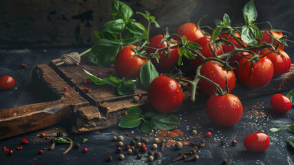Juicy red tomatoes on a vine, seasoned with spices, evoke a rustic culinary still life.