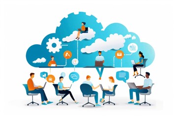 A tech Laptop virtual office benefits from cloud hosting and innovative coworking technology for community centric collaboration