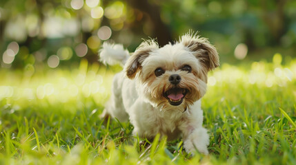 Playful small dog romps joyfully in a sunlit garden, a picture of carefree zest.