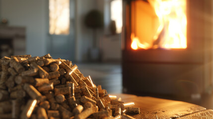 Warm glow of a wood stove creates a cozy ambiance in a serene home setting.