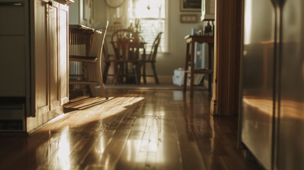 Sun-kissed hardwood floor in an empty home with inviting warmth.