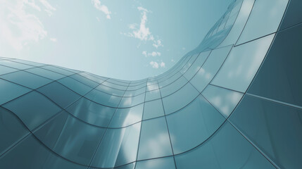 Curved glass facade of a modern building against a clear blue sky.