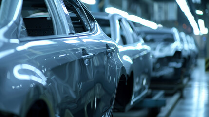 Sleek car production line with unfinished vehicles in a modern factory setting.