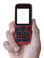 Hand holding red mobile phone with white display