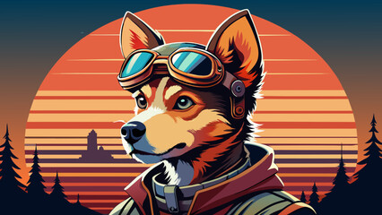A highly stylized and vibrant digital illustration features a dog, likely a terrier breed, wearing an aviator's helmet and goggles, depicted with bold outlines and a playful, artistic flair on 