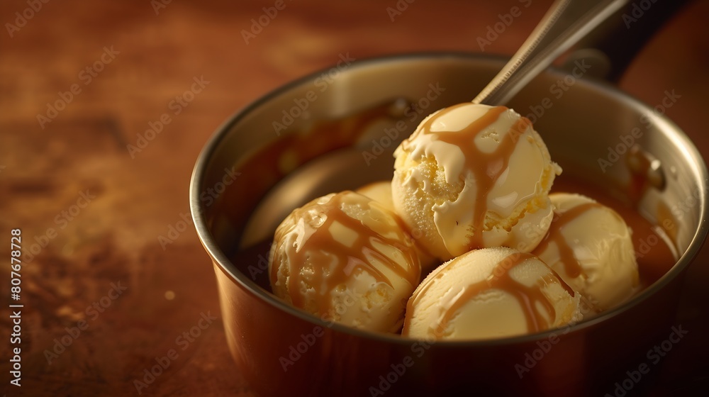 Poster ice cream balls in a cooper saucepan with caramel on brown backgroundclose up of sweet desert in fre