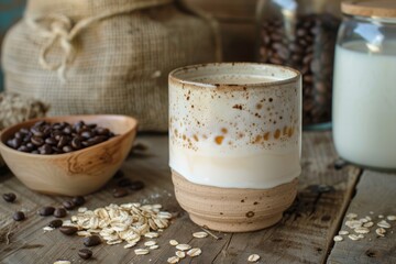 Homemade oat milk with coffee beans