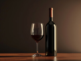 A bottle of red wine and a glass, minimal in their adjustments, are shown in a sparse and simple style.