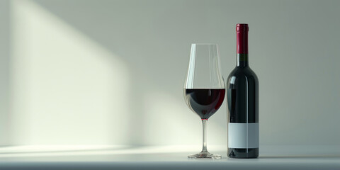 On a white surface, a bottle of wine and a glass exhibit a dark crimson color.