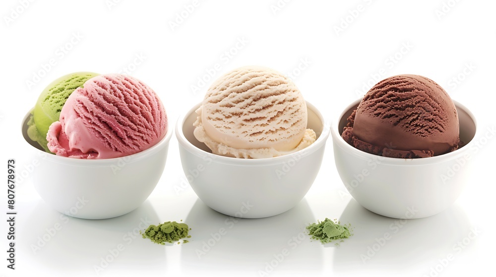 Poster real ice cream scoops in white cups of chocolate strawberry french vanilla and green tea flavours is