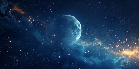 Against blue skies, a moon and stars, with an infinite space.