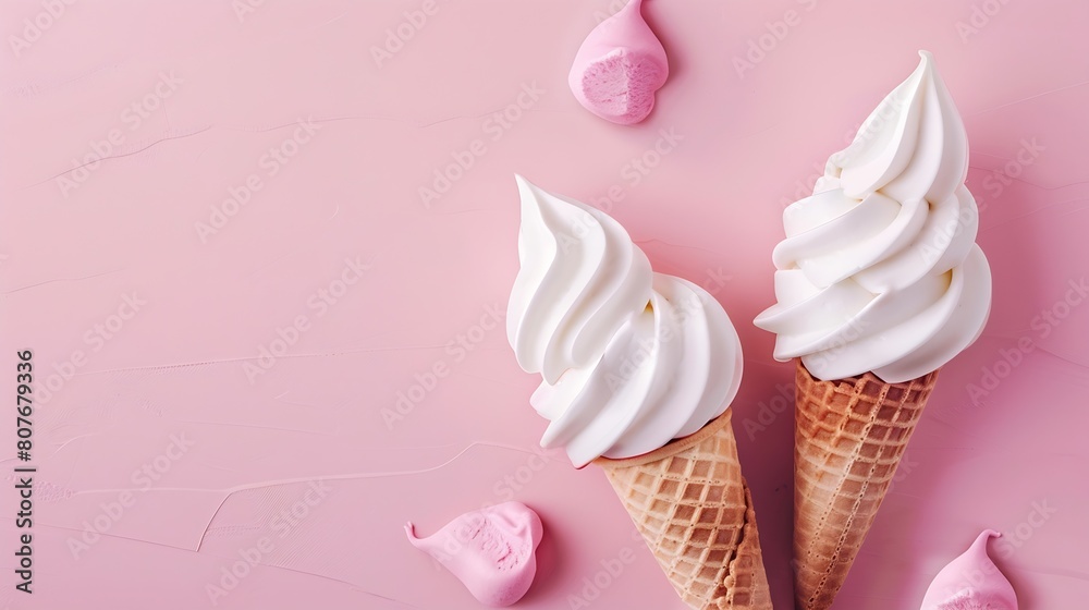 Poster ice cream cone vanilla and strawberry flavors on a pink background copy space : generative ai