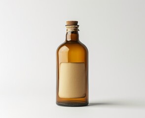 A glass bottle with a brown label is set against a white background.