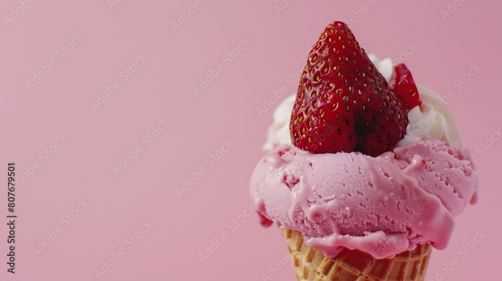 Poster Ice cream cone with strawberry topping on a pink background Copy space : Generative AI