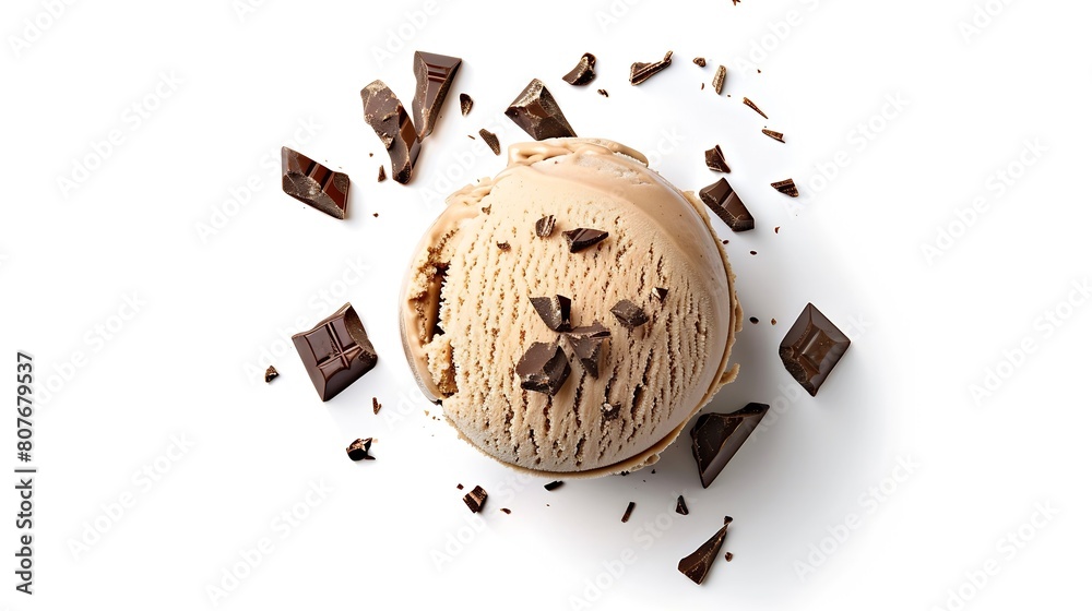 Poster coffee liqueur ice cream scoop with chocolate pieces isolated on white background top view : generat
