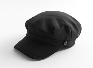 A black cap with a single button closure on a white backdrop, showcasing minimal alterations and exquisite craftsmanship.