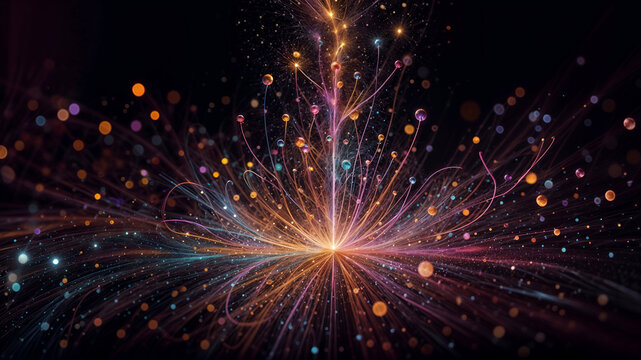 Luminous lines fly in all directions from a point in the centre on a black background