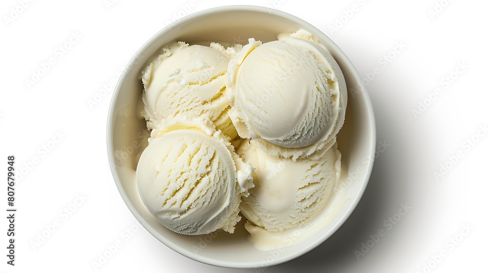 Poster bowl of vanilla ice cream isolated on white background from top view : generative ai