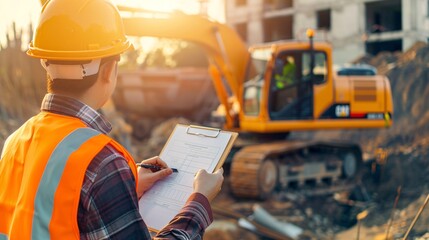 A mechanical engineer is using checklist form to verify the excavator or earthmover machine condition before operating at construction site. Industrial working scene.